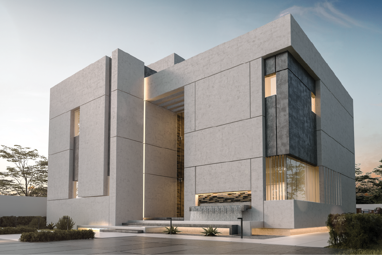 A modern house exterior featuring a minimalist design with contrasting black and white elements. The facade includes a sleek black garage door, a white corrugated roof, and a grey wall marked with the number 77. Lush greenery is visible through an open gate, with tree-covered hills in the background under a clear sky.