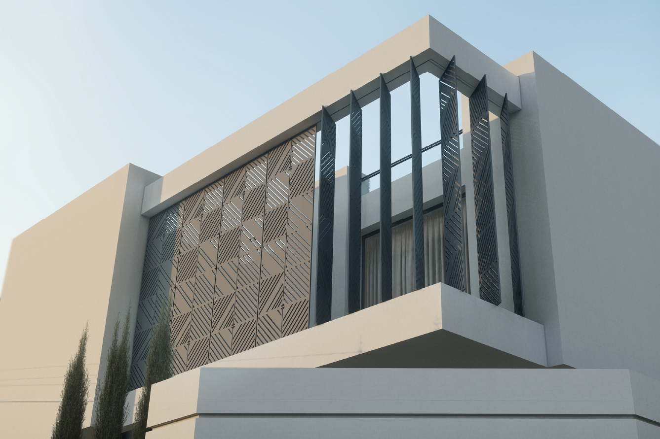 A spacious open-plan living area with high ceilings and ample natural light. Features include light wood flooring, a tan leather sofa, and a wall-mounted TV on a wooden accent wall. Large sliding glass doors open to an outdoor patio with a view of greenery and distant hills.